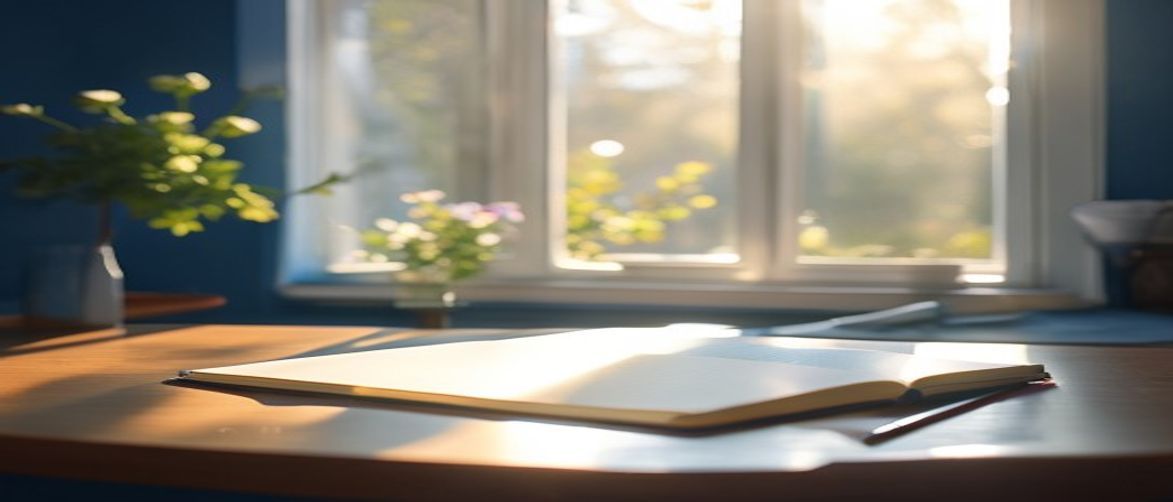 Heldere ochtendruimte met zonlicht en notitieblok