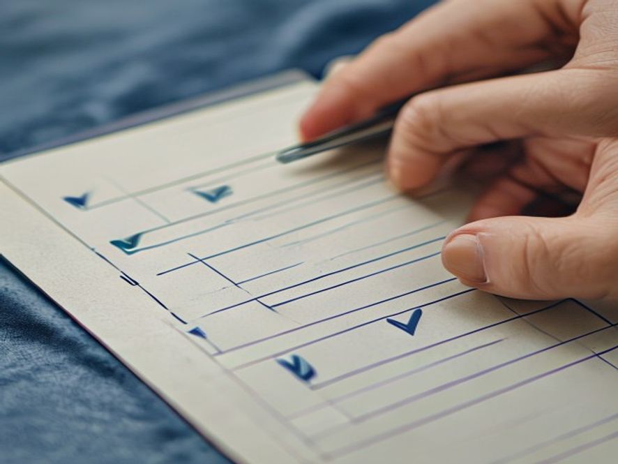 Geopend werkboek met schrijfblok en pen op houten bureau